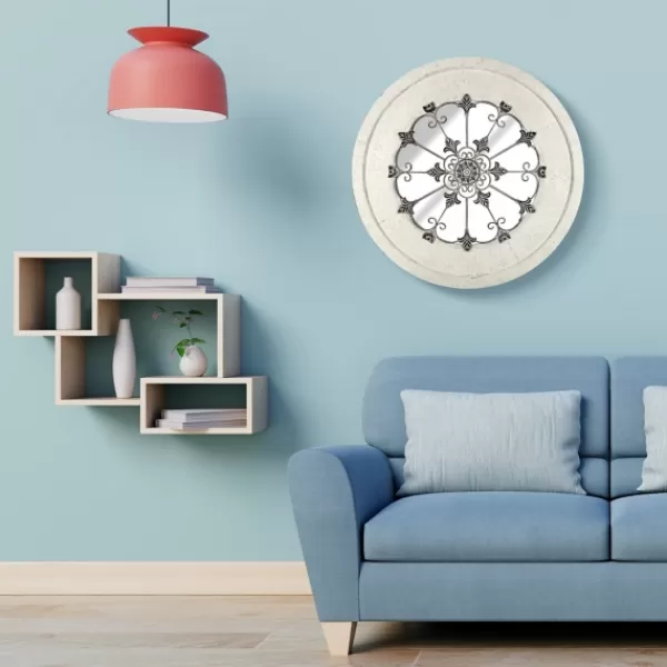 Decorative Mirrors-Kirkland's Home Round Whitewashed Vintage Wood And Metal Mirror
