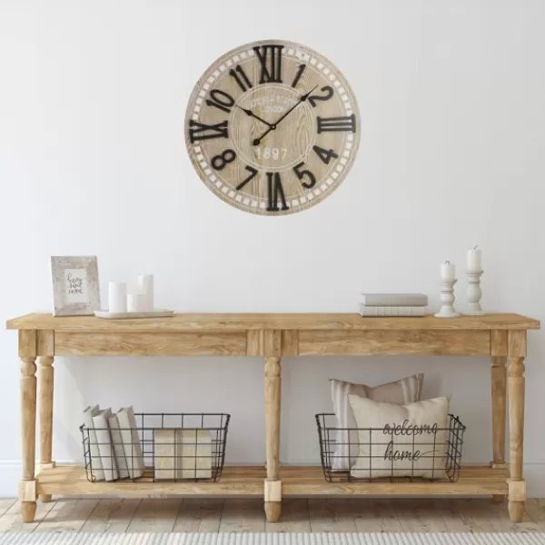 Clocks-Kirkland's Home Round Whitewashed Wood Wall Clock