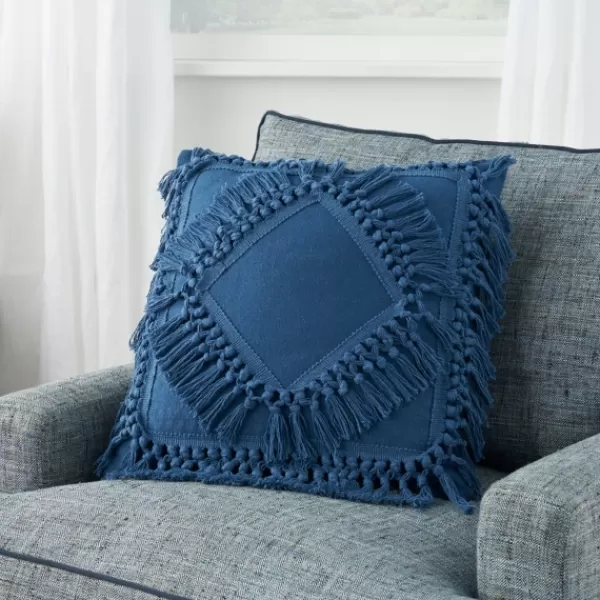 Pillows-Kirkland's Home Royal Diamond Fringe Throw Pillow Blue