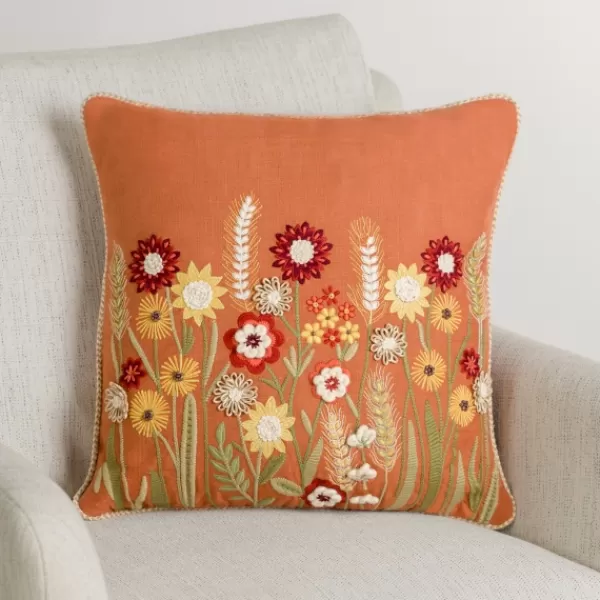 Pillows-Kirkland's Home Rust Embroidered Floral Throw Pillow Orange