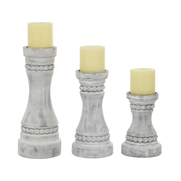 Candle Holders-Kirkland's Home Rustic Gray Carved 3-Pc. Candle Holder Set White/Gray