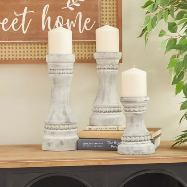 Candle Holders-Kirkland's Home Rustic Gray Carved 3-Pc. Candle Holder Set White/Gray