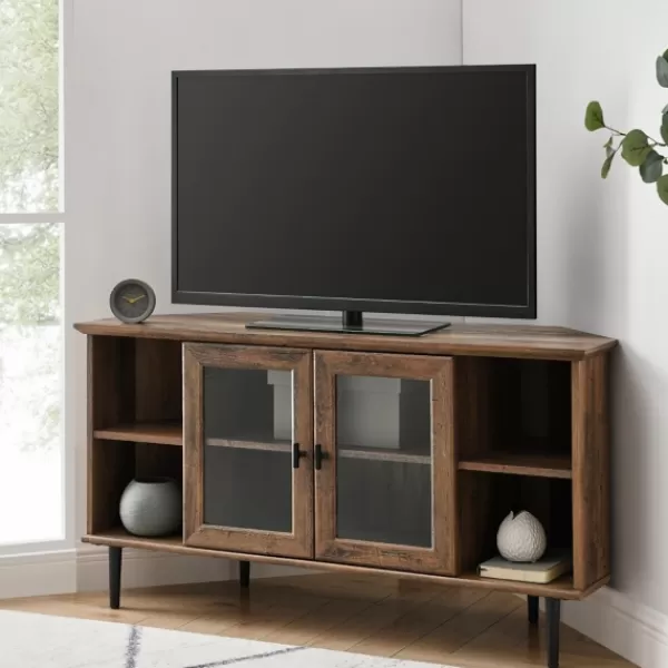 Tv Stands & Media Consoles-Kirkland's Home Rustic Oak Glass Door Corner Tv Stand Brown
