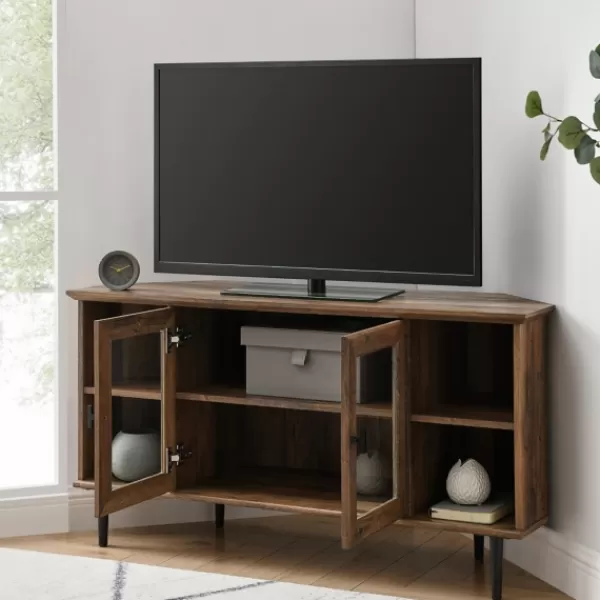 Tv Stands & Media Consoles-Kirkland's Home Rustic Oak Glass Door Corner Tv Stand Brown