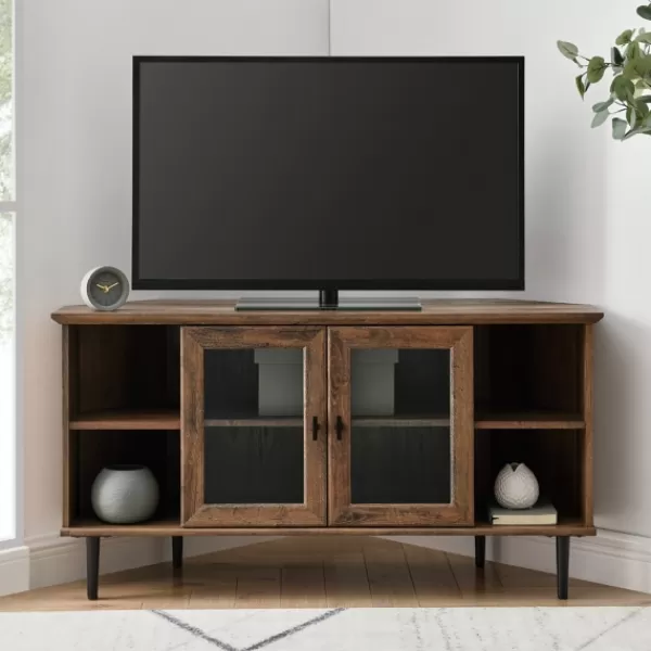 Tv Stands & Media Consoles-Kirkland's Home Rustic Oak Glass Door Corner Tv Stand Brown