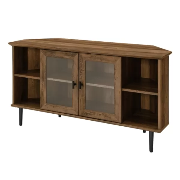 Tv Stands & Media Consoles-Kirkland's Home Rustic Oak Glass Door Corner Tv Stand Brown