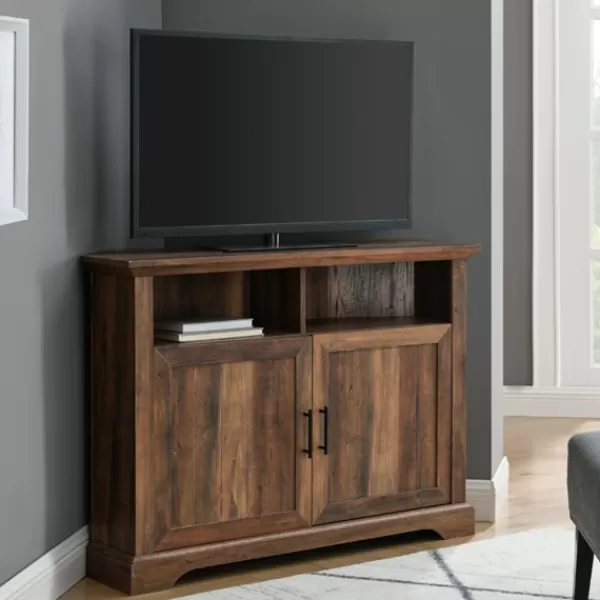 Tv Stands & Media Consoles-Kirkland's Home Rustic Oak Grooved Door Corner Tv Stand Brown