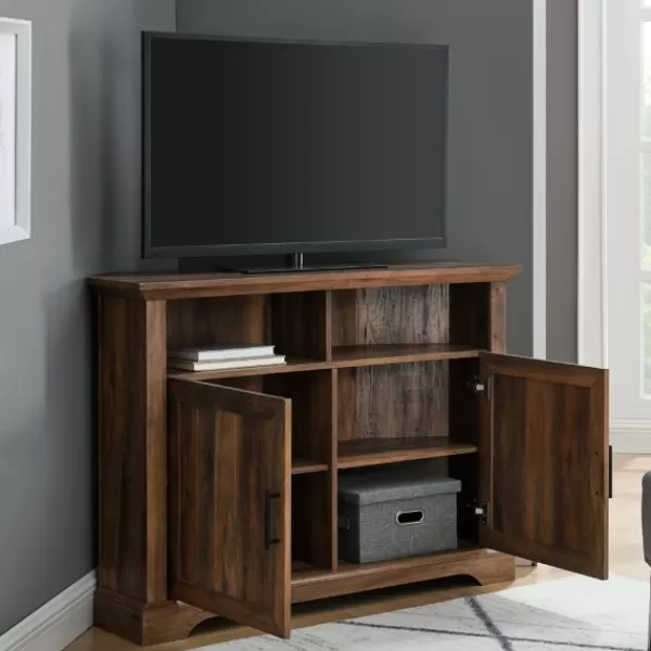 Tv Stands & Media Consoles-Kirkland's Home Rustic Oak Grooved Door Corner Tv Stand Brown