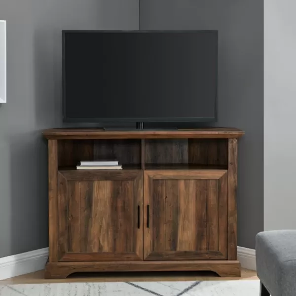 Tv Stands & Media Consoles-Kirkland's Home Rustic Oak Grooved Door Corner Tv Stand Brown