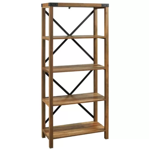 Office Furniture-Kirkland's Home Rustic Oak Metal X Frame Back Bookshelf Brown