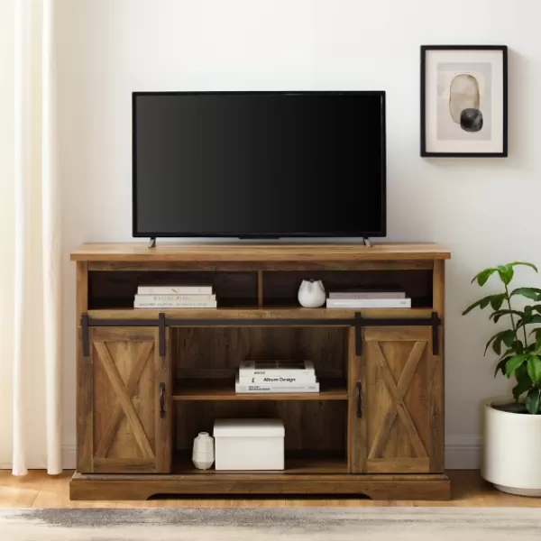 Tv Stands & Media Consoles-Kirkland's Home Rustic Oak Sliding Barn Door Highboy Tv Stand Brown