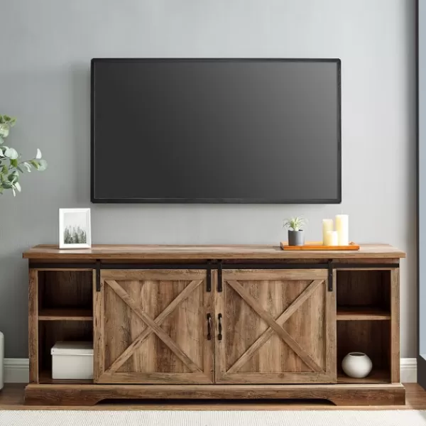 Tv Stands & Media Consoles-Kirkland's Home Rustic Oak Sliding Barn Door Tv Stand Brown