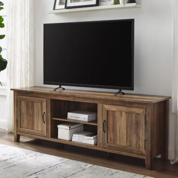 Tv Stands & Media Consoles-Kirkland's Home Rustic Oak Wood Grooved Door Tv Stand Brown