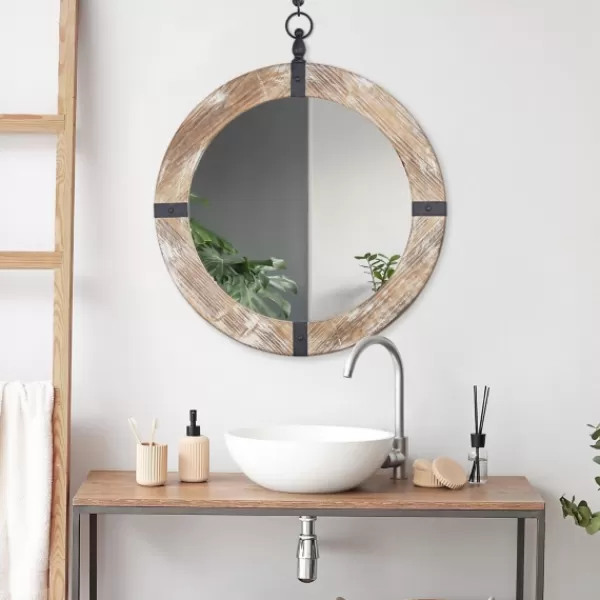 Decorative Mirrors-Kirkland's Home Rustic Round Wooden Mirror With Metal Brackets