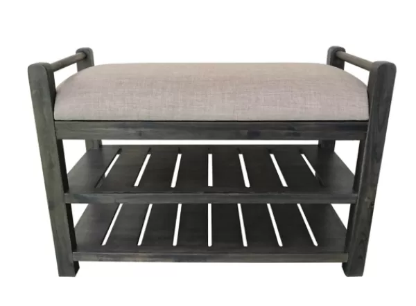 Benches & Ottomans-Kirkland's Home Rustic Slats Dark Acacia Wood Upholstered Bench Gray