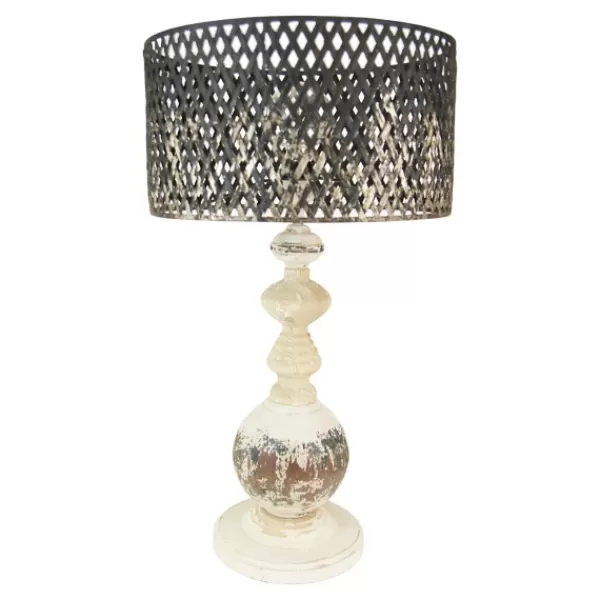 Table Lamps-Kirkland's Home Rustic White Table Lamp With Woven Metal Shade Brown