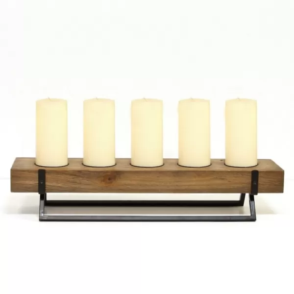 Candle Holders-Kirkland's Home Rustic Wood Candle Runner With Metal Stand Brown