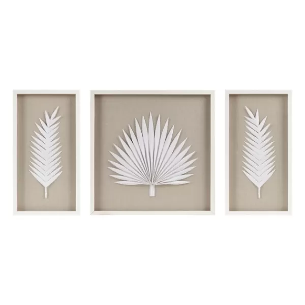 Wall Plaques-Kirkland's Home Sabal Rice Paper Palm Shadowbox Plaques, Set Of 3 White/Tan