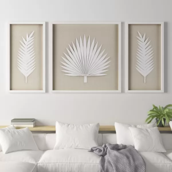 Wall Plaques-Kirkland's Home Sabal Rice Paper Palm Shadowbox Plaques, Set Of 3 White/Tan