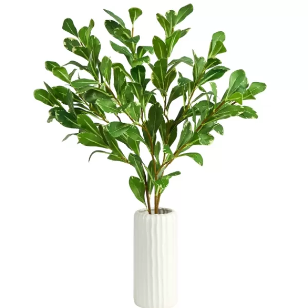 Arrangements & Greenery-Kirkland's Home Salal Shrub In Oblong Ribbed Vase, 21 In. Green/White