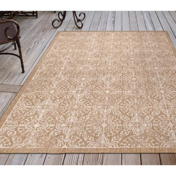 Outdoor Rugs-Kirkland's Home Sand Embellished Scroll Indoor/Outdoor Rug, 6X9 Tan/White