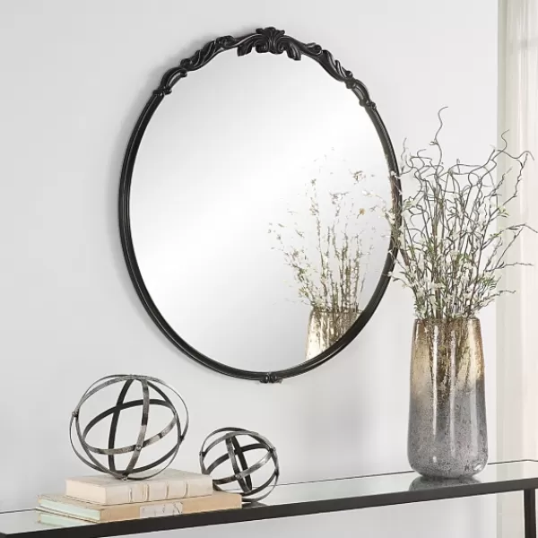 Decorative Mirrors-Kirkland's Home Satin Black Ornate Round Wall Mirror