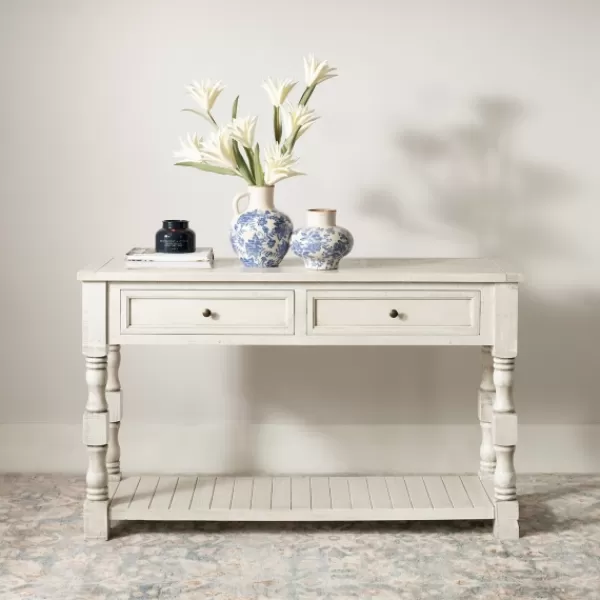 Console Tables-Kirkland's Home Savannah Cream Distressed Console Table Ivory