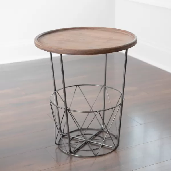 Accent & End Tables-Kirkland's Home Side Table With Metal Wire Basket Brown