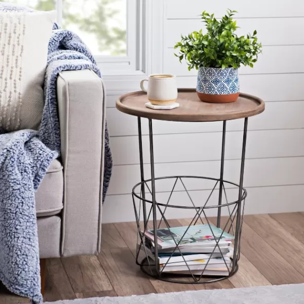 Accent & End Tables-Kirkland's Home Side Table With Metal Wire Basket Brown