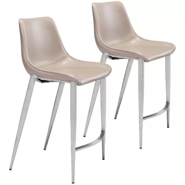 Bar Stools & Counter Height Stools-Kirkland's Home Silver & Beige Leather Counter Stools, Set Of 2 Tan