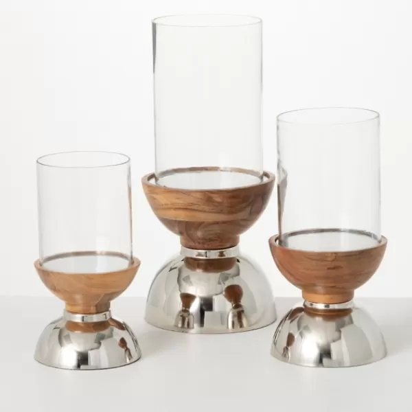 Candle Holders-Kirkland's Home Silver And Wood Pillar Candle Holders, Set Of 3 Silver/Brown