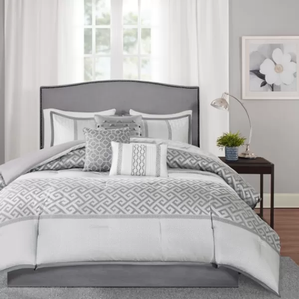 Comforters-Kirkland's Home Silver Geometric Stripes 7-Pc. King Comforter Set Silver/White