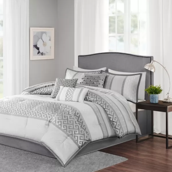 Comforters-Kirkland's Home Silver Geometric Stripes 7-Pc. Queen Comforter Set Silver/White