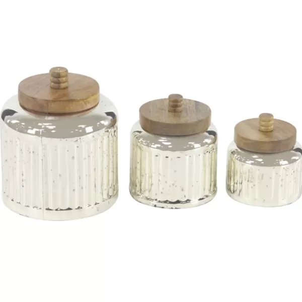 Decorative Bowls & Jars-Kirkland's Home Silver Glass Jars With Wooden Lids, Set Of 3 Silver/Brown