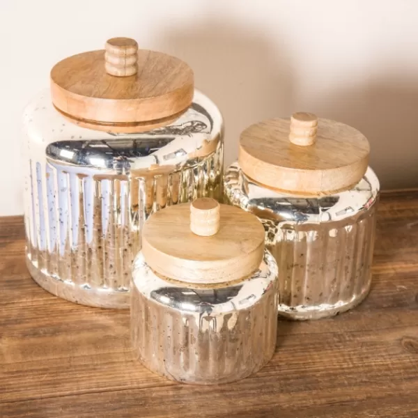 Decorative Bowls & Jars-Kirkland's Home Silver Glass Jars With Wooden Lids, Set Of 3 Silver/Brown