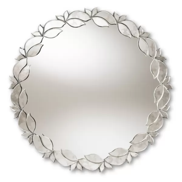 Decorative Mirrors-Kirkland's Home Silver Petal Leaf Round Wood Frame Wall Mirror