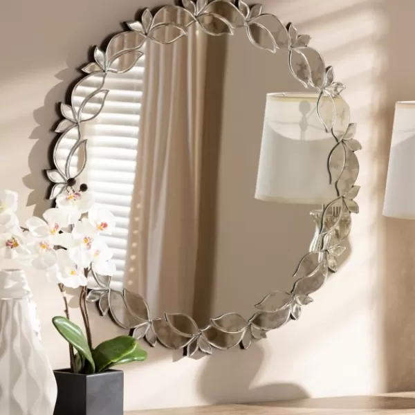 Decorative Mirrors-Kirkland's Home Silver Petal Leaf Round Wood Frame Wall Mirror