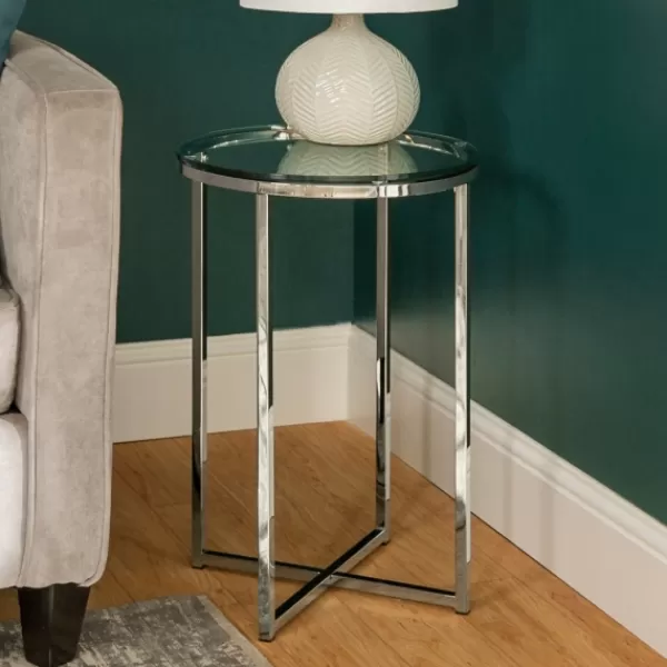 Accent & End Tables-Kirkland's Home Silvery Glass Top X Base Round Accent Table