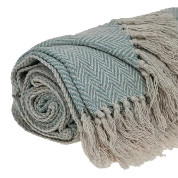 Blankets & Throws-Kirkland's Home Sky Blue Chevron Cotton Handloomed Tassel Throw Blue/White