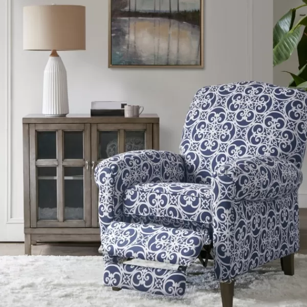 Accent Chairs-Kirkland's Home Sky Blue Fretwork Upholstered High Back Recliner Blue/White