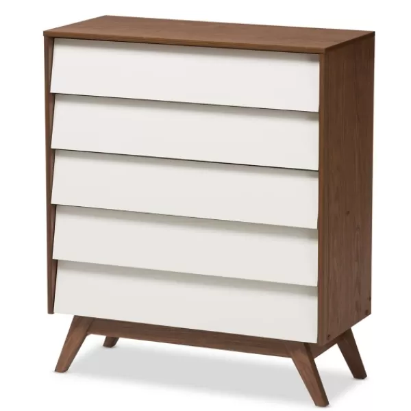 Dressers & Chests-Kirkland's Home Slant Two-Tone Walnut 5-Drawer Chest