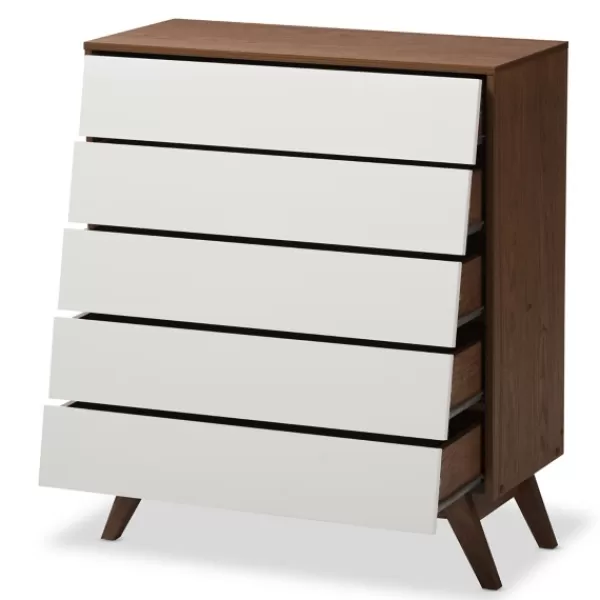 Dressers & Chests-Kirkland's Home Slant Two-Tone Walnut 5-Drawer Chest