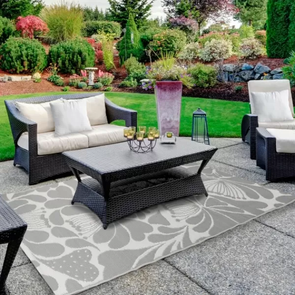 Outdoor Rugs-Kirkland's Home Slate Floral Outdoor Area Rug, 4X6 Gray/White