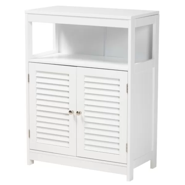 Bathroom Furniture-Kirkland's Home Slatted Wood Bathroom Cabinet White