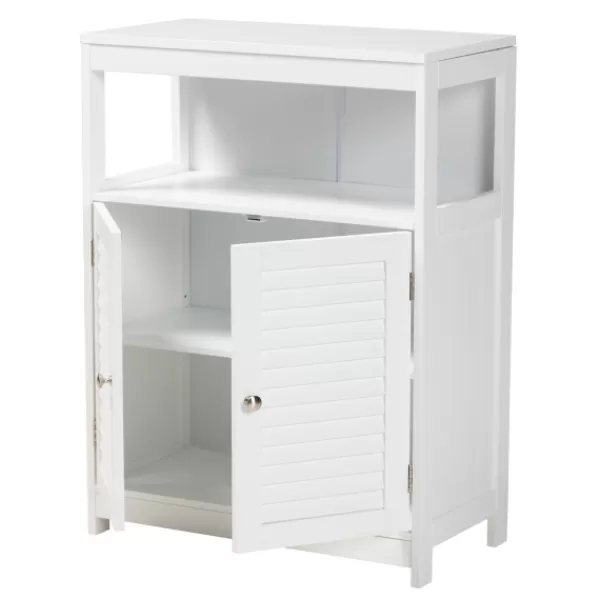 Bathroom Furniture-Kirkland's Home Slatted Wood Bathroom Cabinet White