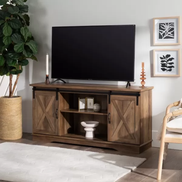 Tv Stands & Media Consoles-Kirkland's Home Sliding Barn Door Open Shelf Oak Tv Stand Brown