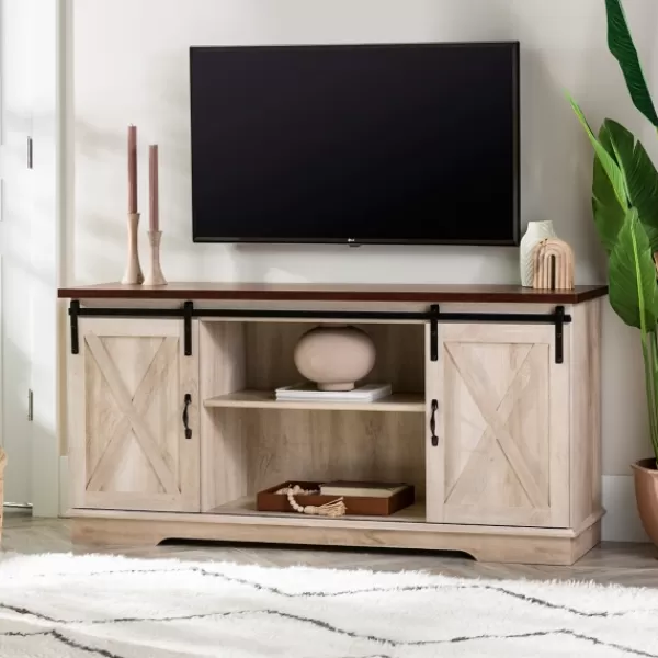 Tv Stands & Media Consoles-Kirkland's Home Sliding Barn Door Open Shelf White Tv Stand Ivory