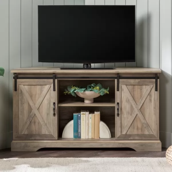 Tv Stands & Media Consoles-Kirkland's Home Sliding Barn Doors Corner Tv Stand Gray