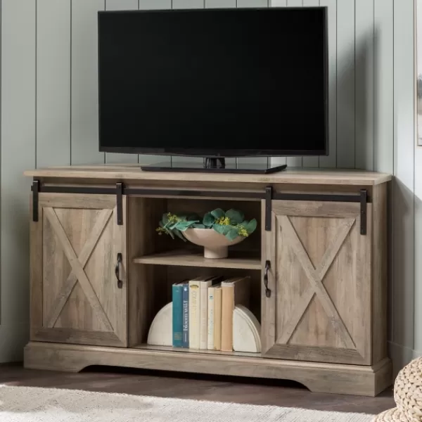 Tv Stands & Media Consoles-Kirkland's Home Sliding Barn Doors Corner Tv Stand Gray