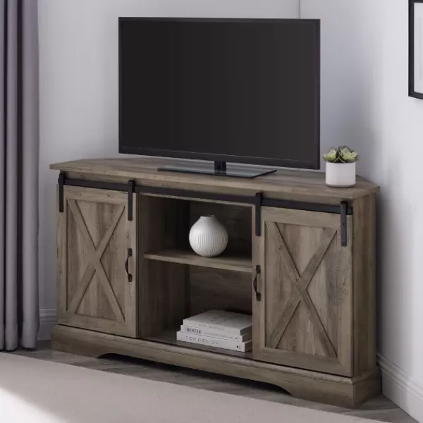Tv Stands & Media Consoles-Kirkland's Home Sliding Barn Doors Corner Tv Stand Gray